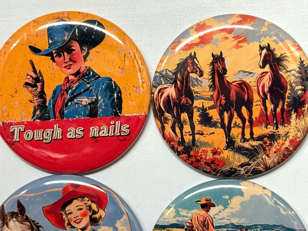 6 Cowgirl Fridge Magnets, pinbacks, flatbacks and more.  Choose your size/style. (s4)