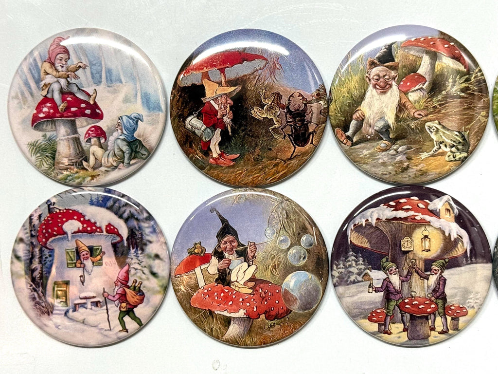 8 Gnomes and Mushrooms buttons, you choose style and size, pinbacks, magnets etc.