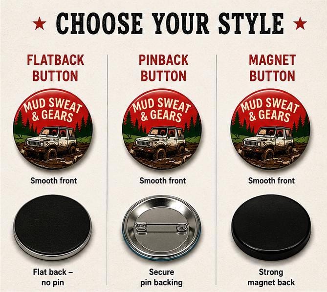 Suzuki Samurai Jimny Off-Road Buttons – Set of 8 Adventure Inspired pinback, magnet, flatbacks and more.