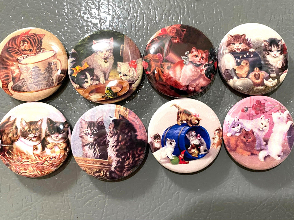 8 Kitten and Cat Fridge Magnets, pinback or flatback Set 2