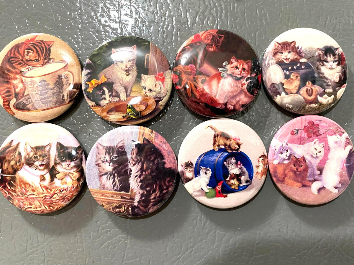 8 Kitten and Cat Fridge Magnets, pinback or flatback Set 2