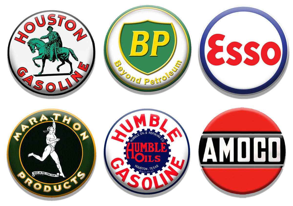 Vintage Gas Station Sign Buttons: BP, Esso, Amoco & More