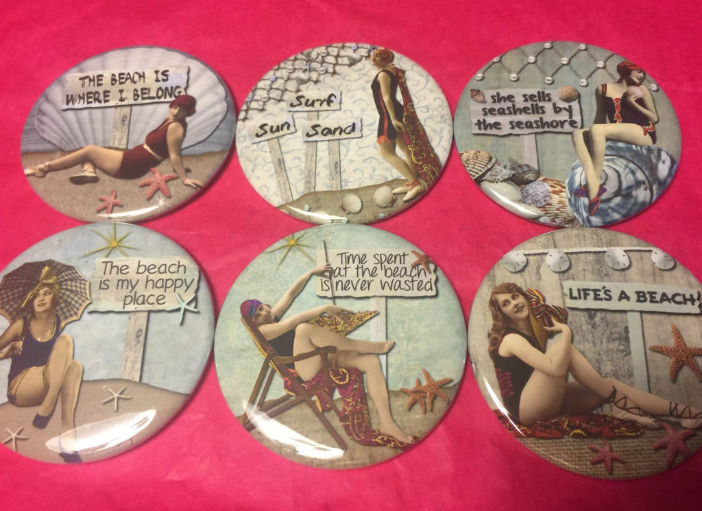 6 Beach Ladies Pinbacks or Magnet Buttons. Several sizes/styles available