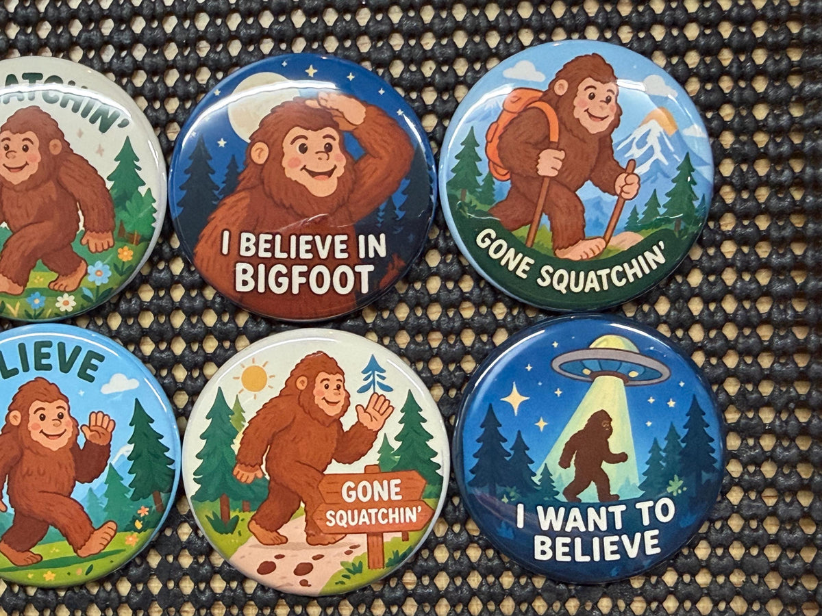 Kids Bigfoot Adventure Buttons - Set of 8 Round Sasquatch Pins or Magnets - Fun sizes - Cute Cryptid Birthday Gift - Junior Ranger Gear