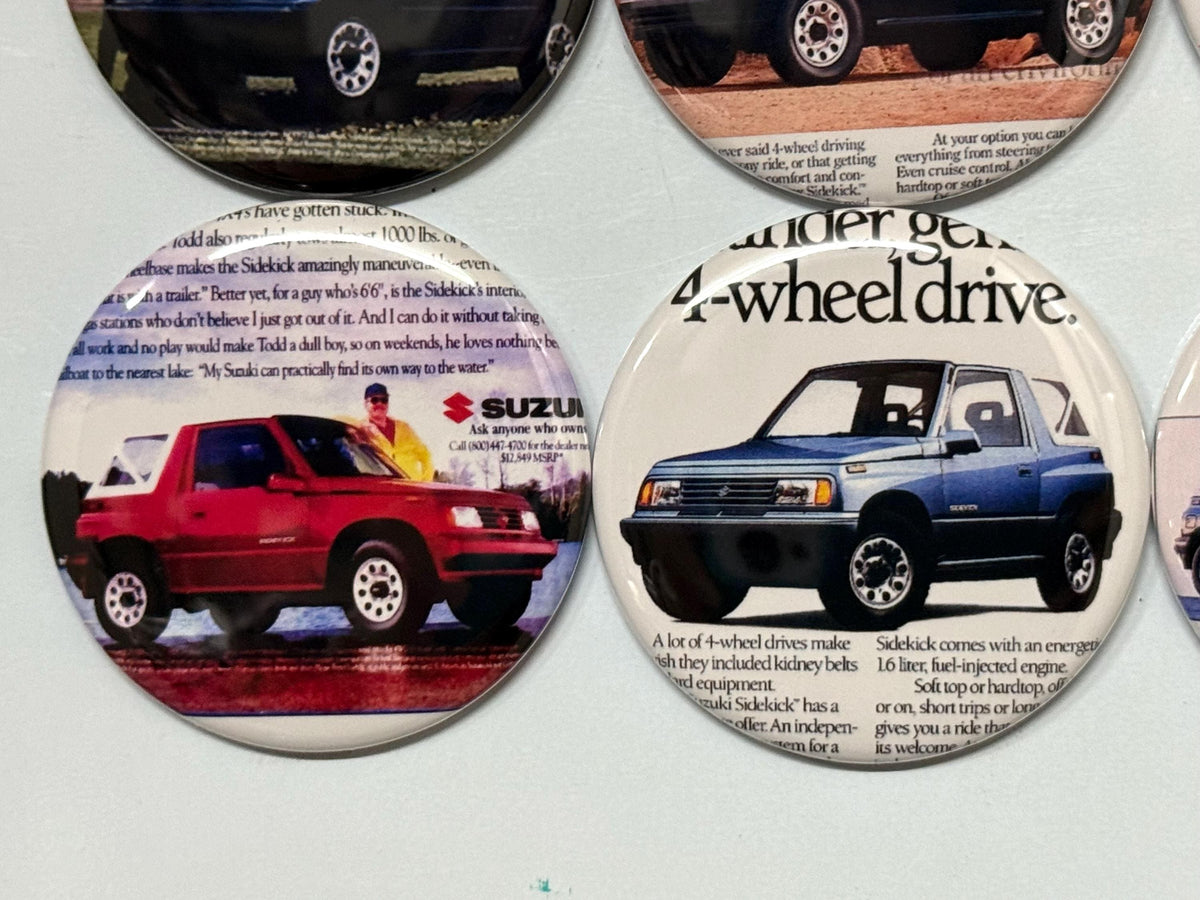 6 Suzuki Sidekick, Fridge magnets, pinbacks or flatbacks. Several sizes to choose from.