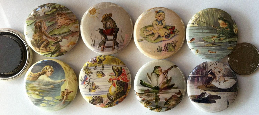 8 frog fridge magnets, toads, frogs, reptiles, set 3 with vintage pictures of frogs