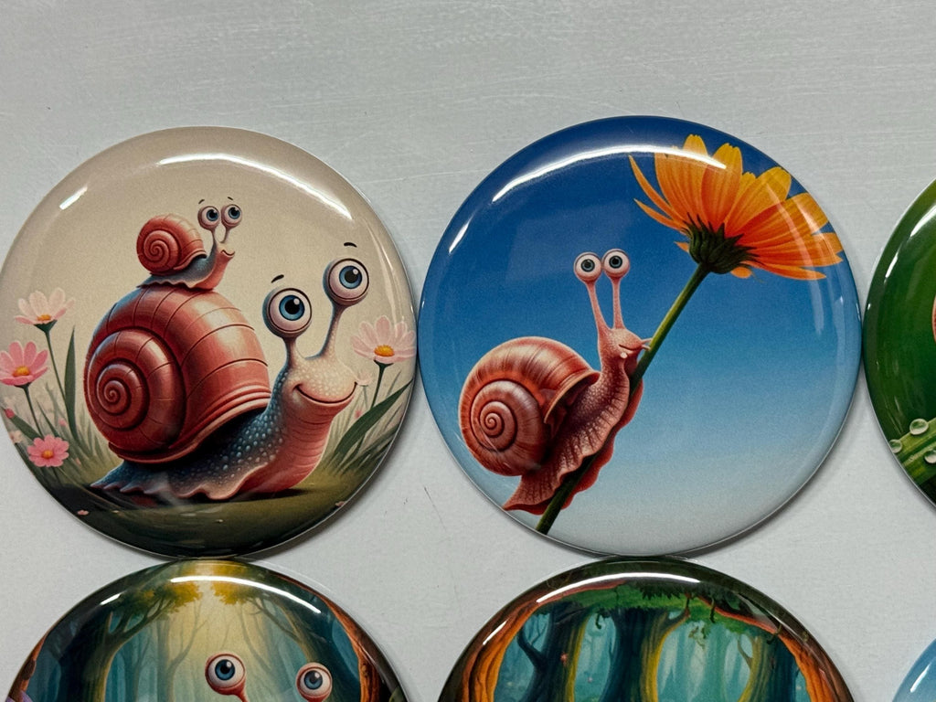 6 Snail Fridge Magnets, pinbacks, flatbacks and more.  Choose your size/style. (s1)