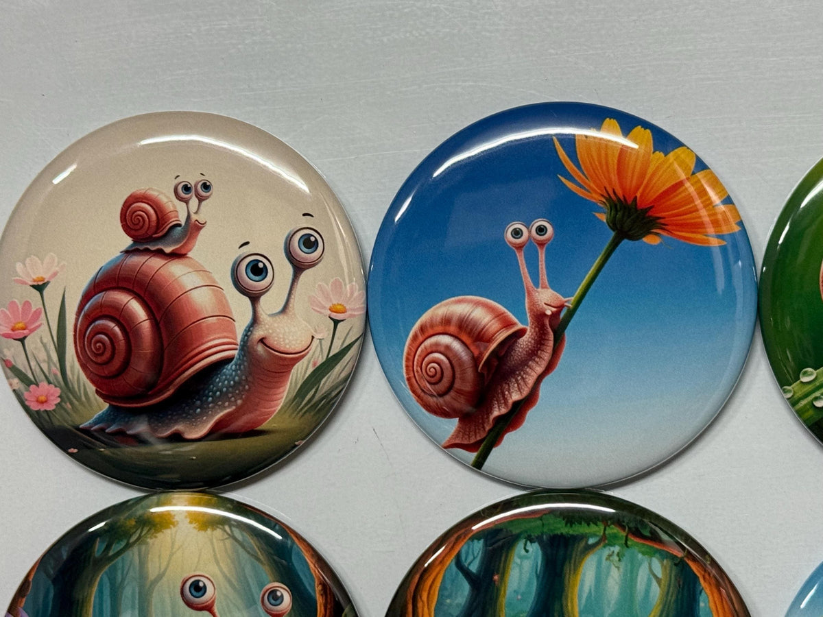 6 Snail Fridge Magnets, pinbacks, flatbacks and more.  Choose your size/style. (s1)