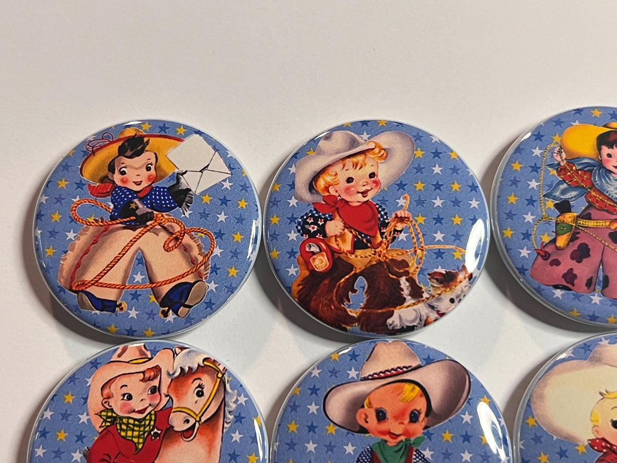 6 Cowboy kids Fridge Magnets, pinbacks, flatbacks and more.  Choose your size/style.