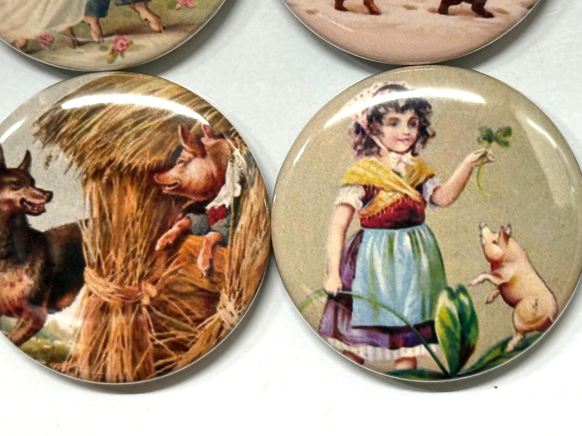6 Pig Buttons: Vintage Style Pinbacks, Magnets, Keychains
