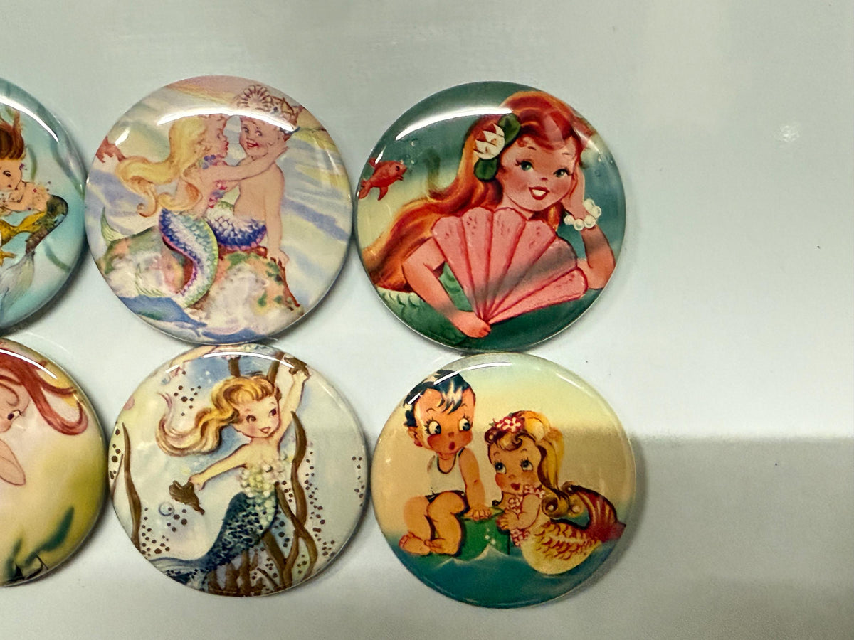 6 Child mermaids Fridge Magnets, pinbacks, flatbacks and more.  Choose your size/style.