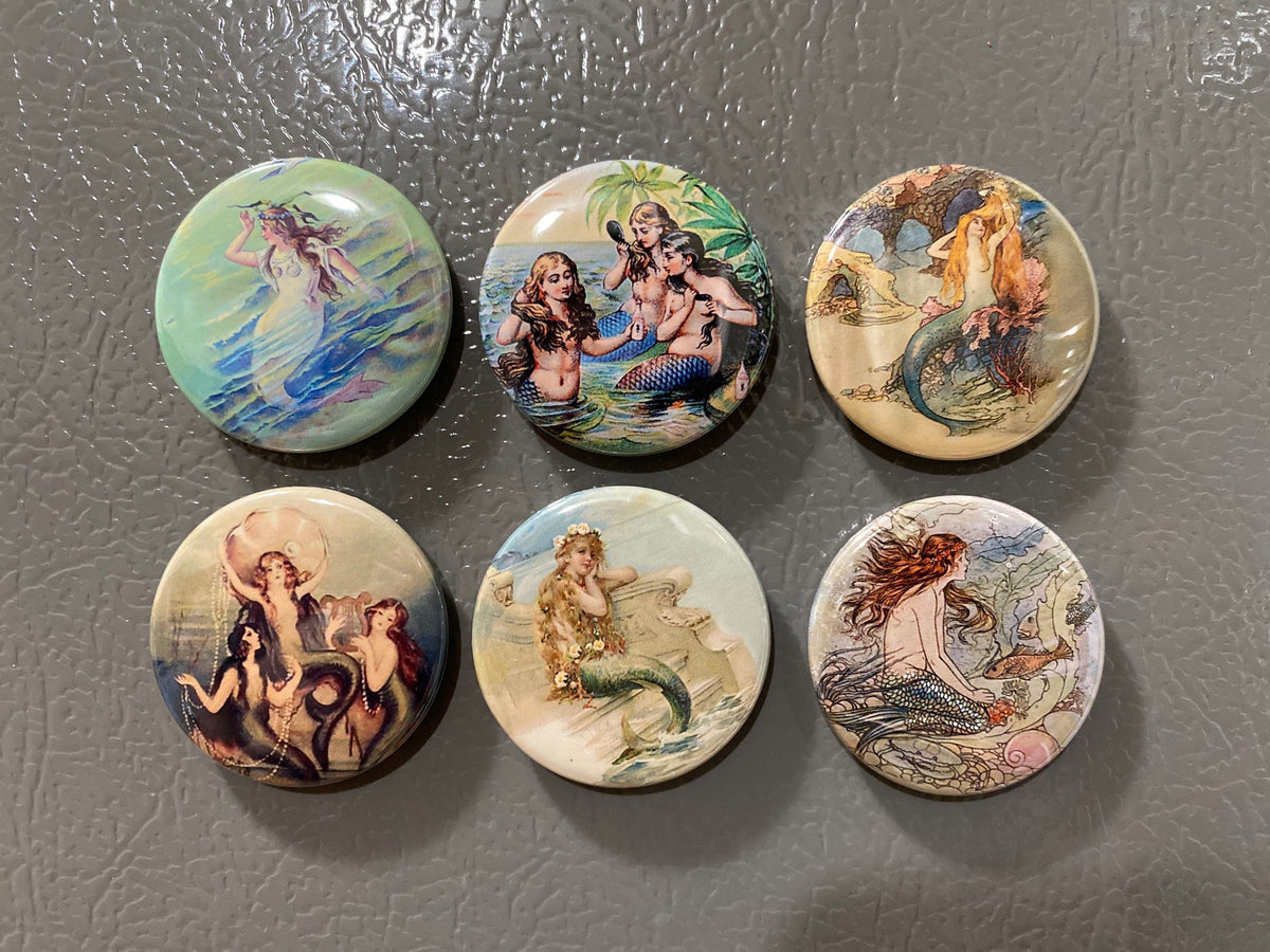 6 Vintage Mermaid Fridge Magnets Set 2.  Choose your size/style.