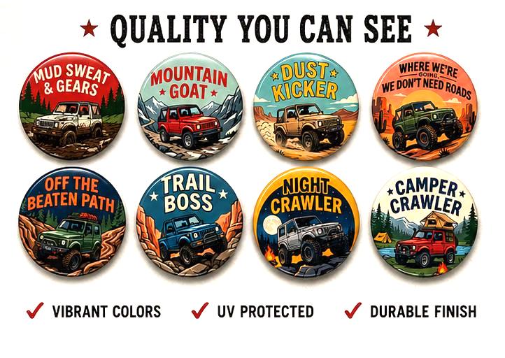 Suzuki Samurai Jimny Off-Road Buttons – Set of 8 Adventure Inspired pinback, magnet, flatbacks and more.