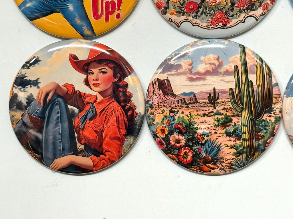 6 Cowgirl Fridge Magnets, pinbacks, flatbacks and more.  Choose your size/style. (s1)