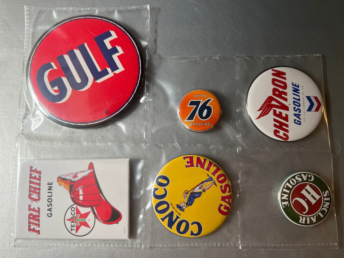6 Gas Station Button Magnets, different sizes SetE