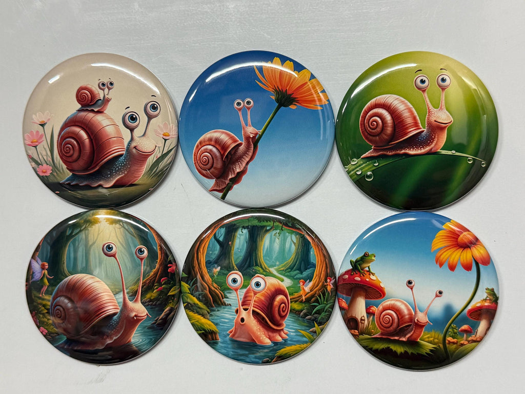 6 Snail Fridge Magnets, pinbacks, flatbacks and more.  Choose your size/style. (s1)