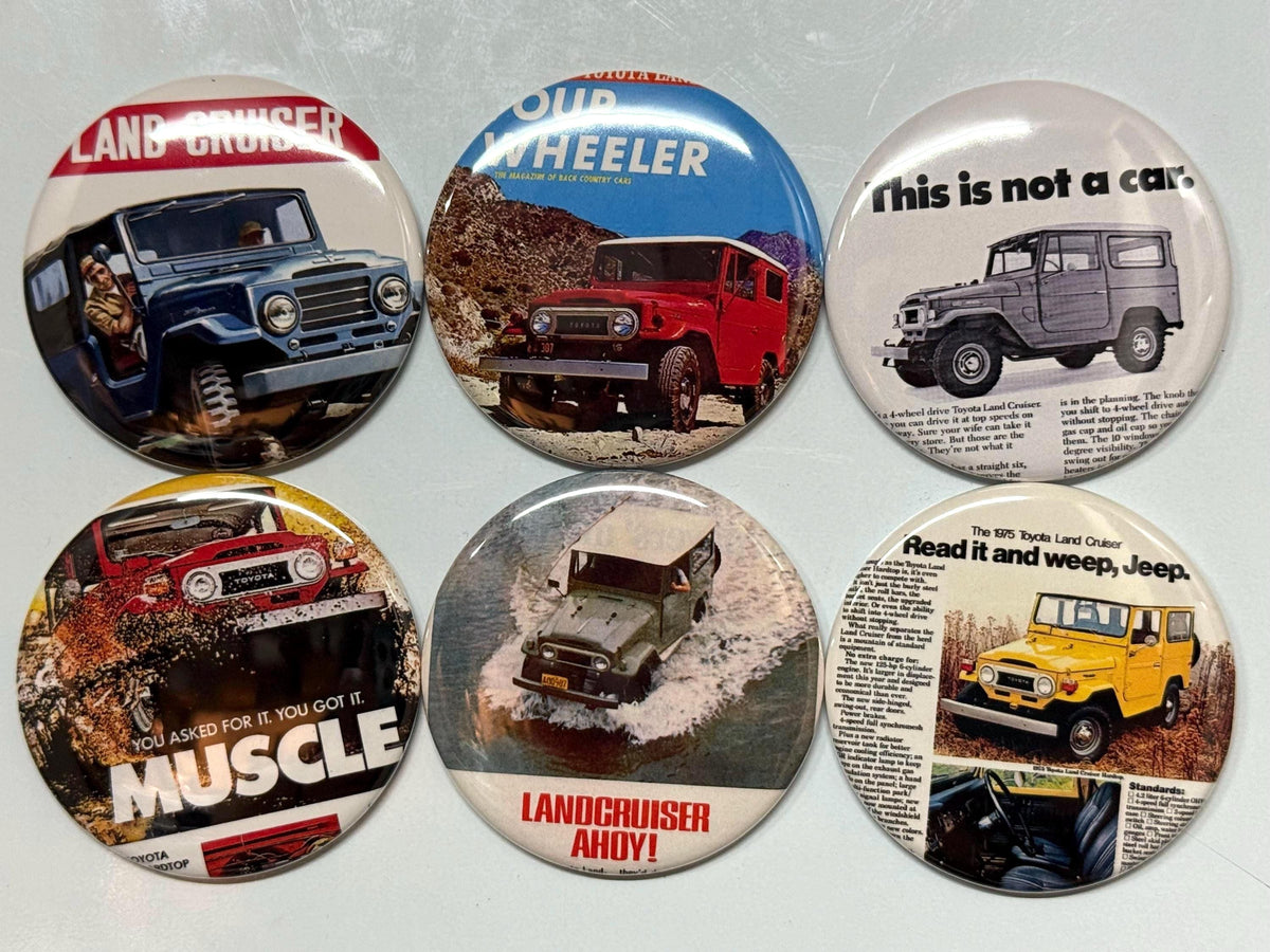 6 Toyota Land Cruiser, Pin-back buttons or Magnet Buttons. Several sizes/styles available (set2)