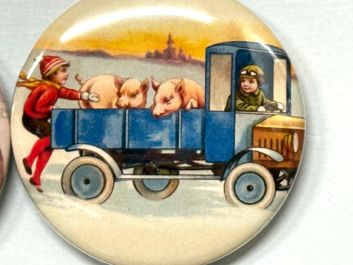 6 Pig Buttons: Vintage Style Pinbacks, Magnets, Keychains