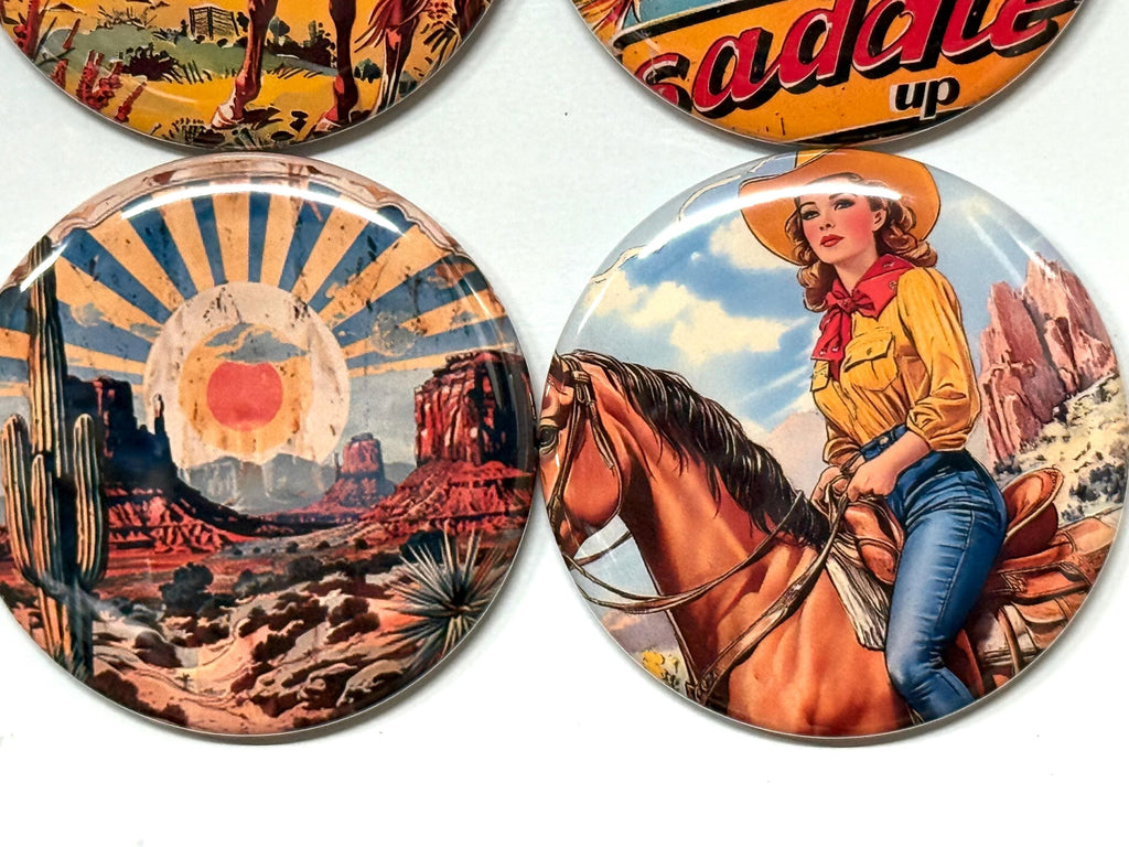 6 Cowgirl Fridge Magnets, pinbacks, flatbacks and more.  Choose your size/style. (s5)