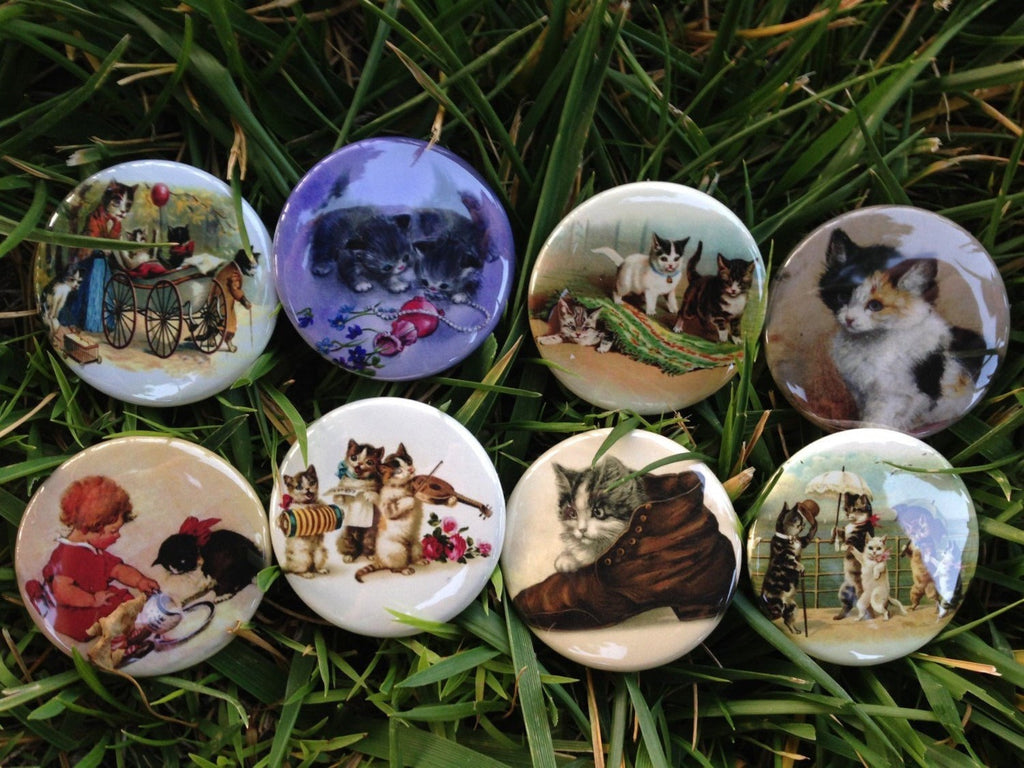 Vintage Kitten Magnets or Pinback Buttons: 1.5" Cat Lover Set of 8