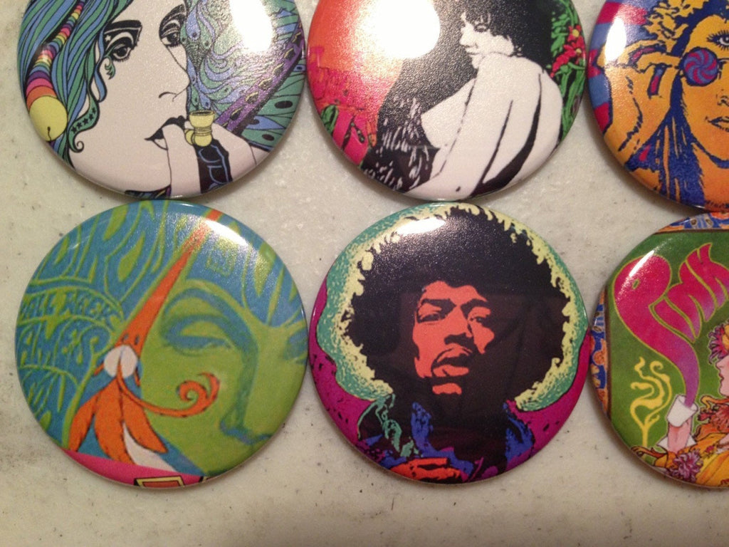 60s Retro Pinback Buttons: Vintage Poster Art, Fridge Magnets