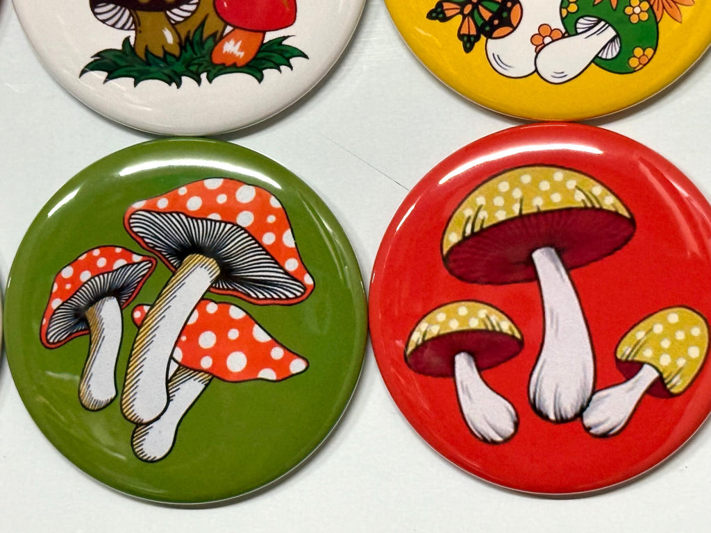 6 Retro Mushroom Buttons: Pinbacks, Magnets, Flatbacks