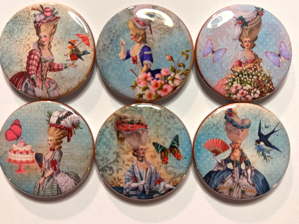 6 Marie Antoinette Shabby Chic Fridge Magnets.  Choose your size/style.