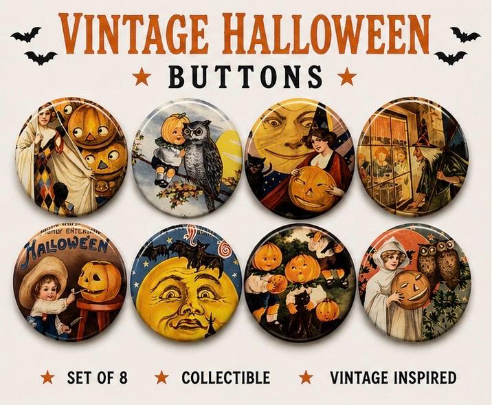 8 Halloween Fridge Magnet buttons, pinbacks, flatbacks Set 1, you choose size and style