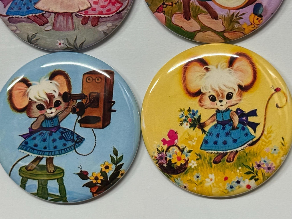 6 Retro Mice, pinbacks, flatbacks, magnets and more. Choose your size/style.