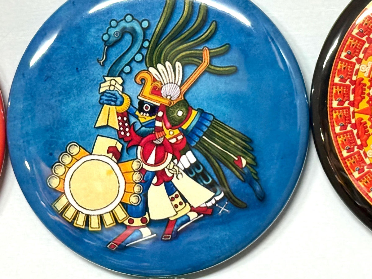 8 Aztec Buttons.  Your choice of pinbacks, flatbacks or magnet buttons