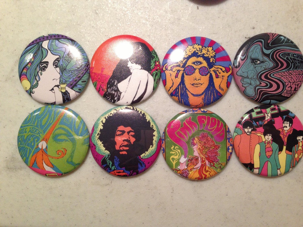 60s Retro Pinback Buttons: Vintage Poster Art, Fridge Magnets