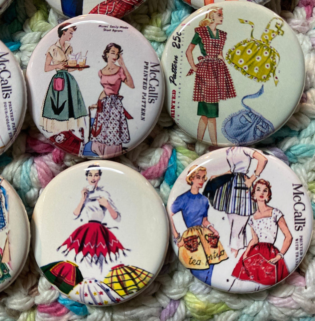 Apron Buttons: Vintage Sewing Pattern Pinbacks, Magnets, Flatbacks