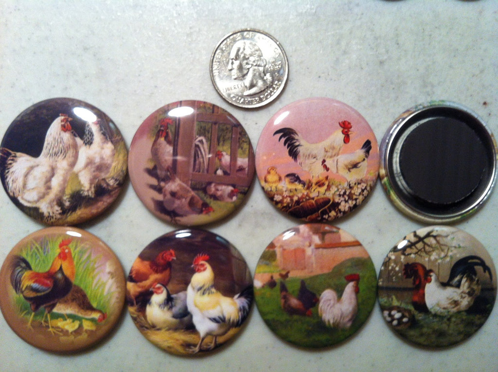 Vintage Rooster & Chickens Magnets or Pinbacks - Set of 8