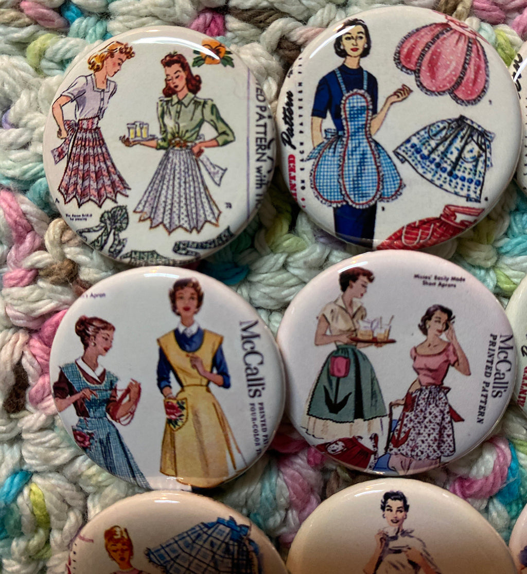 Apron Buttons: Vintage Sewing Pattern Pinbacks, Magnets, Flatbacks