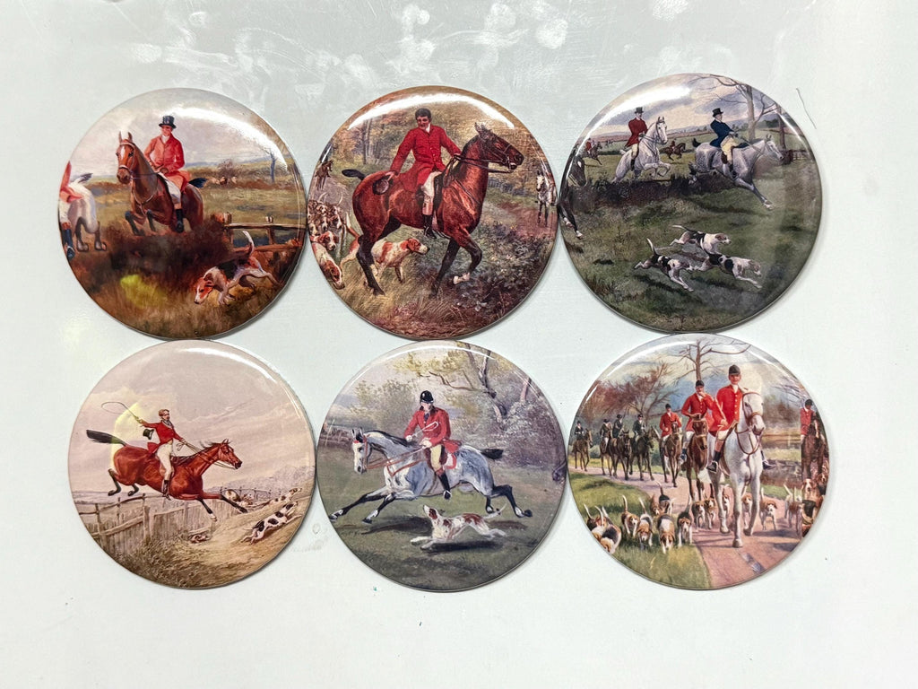 6 Fox Hunting, Equestrian, Hound dog Fridge Magnets or Pinback buttons or flatback buttons