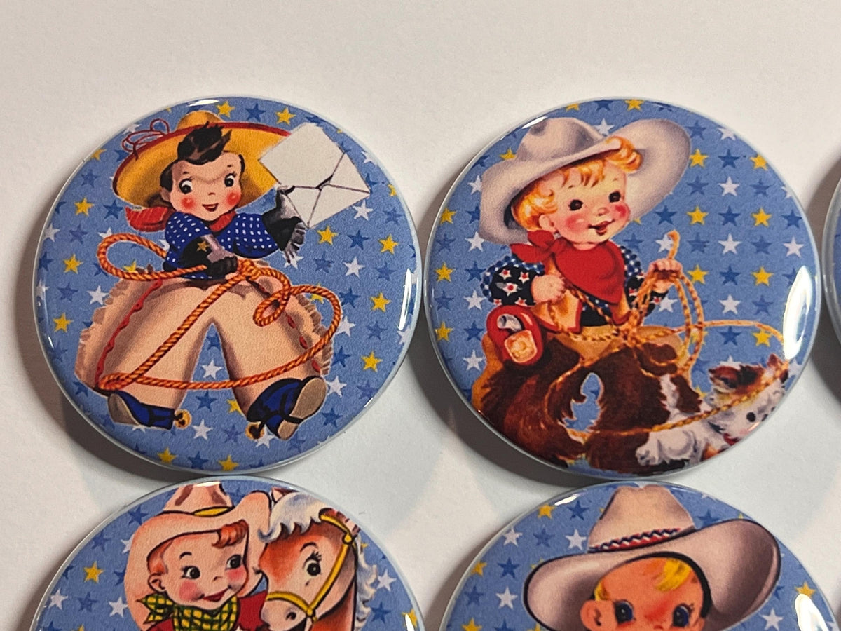 6 Cowboy kids Fridge Magnets, pinbacks, flatbacks and more.  Choose your size/style.
