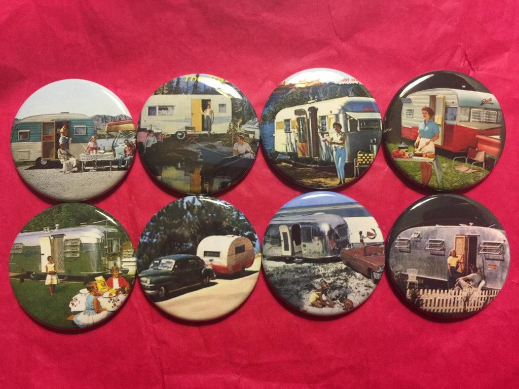 Retro Trailer Buttons: Vintage Camper Pinbacks, Magnets, Flatbacks - Set 1