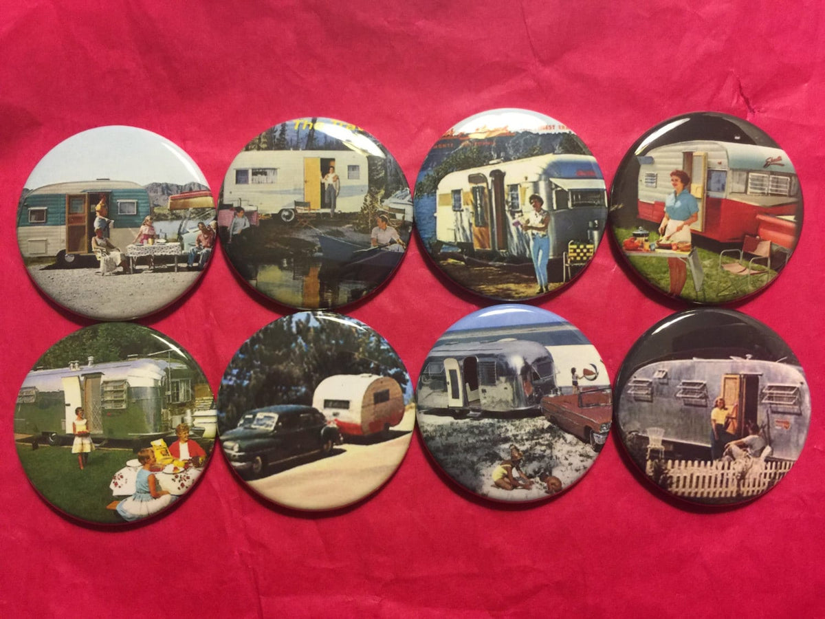 Retro Trailer Buttons: Vintage Camper Pinbacks, Magnets, Flatbacks - Set 1