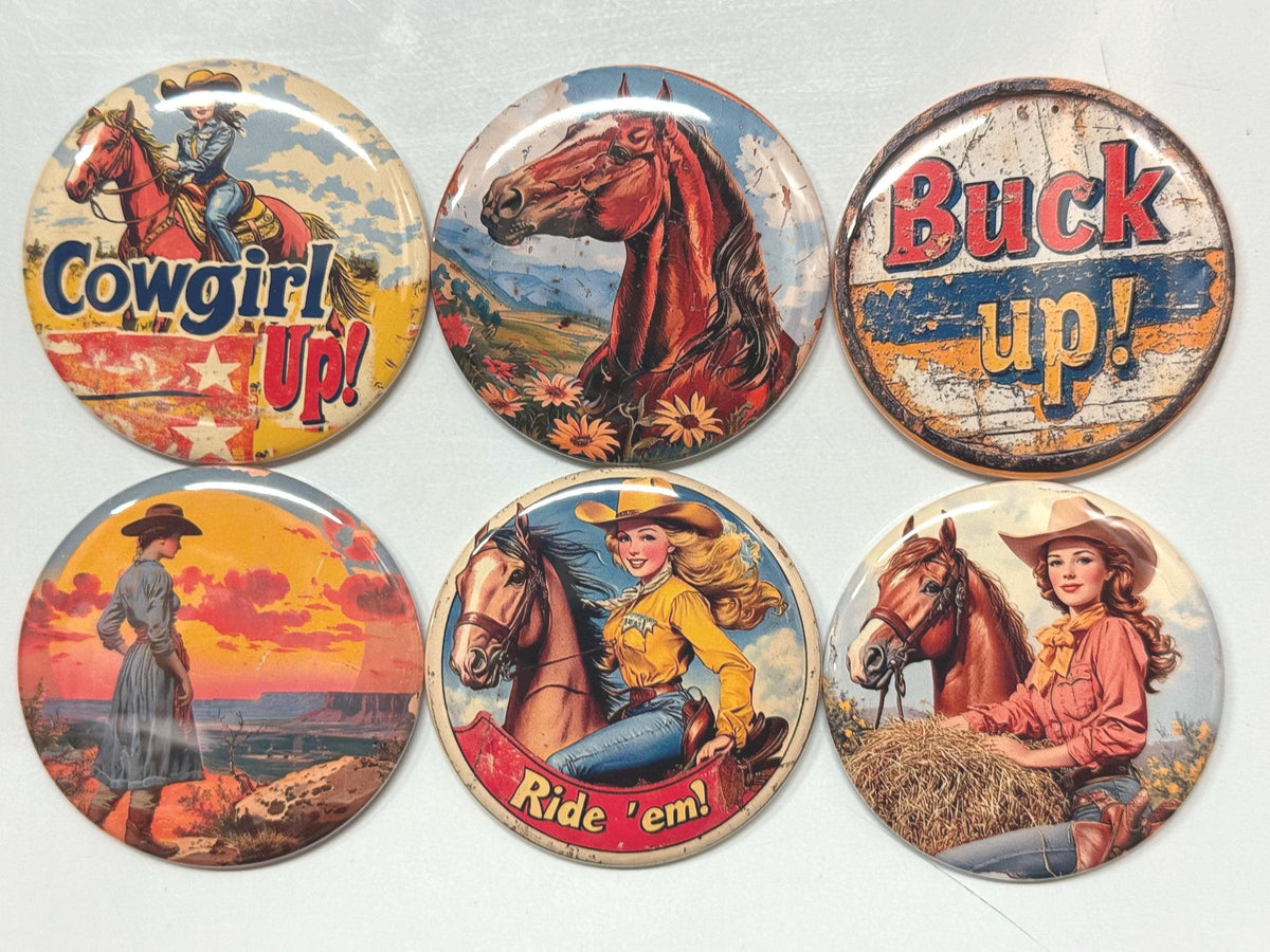 6 Cowgirl Fridge Magnets, pinbacks, flatbacks and more.  Choose your size/style. (s6)