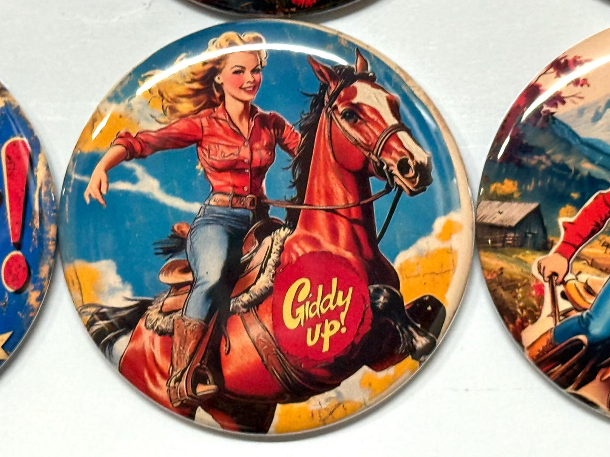 6 Cowgirl Fridge Magnets, pinbacks, flatbacks and more.  Choose your size/style. (s3)