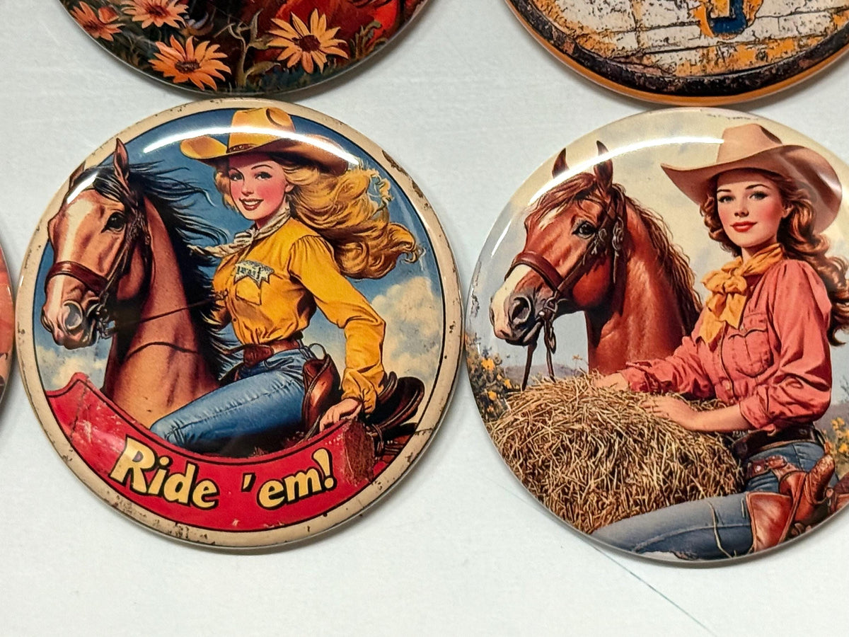 6 Cowgirl Fridge Magnets, pinbacks, flatbacks and more.  Choose your size/style. (s6)