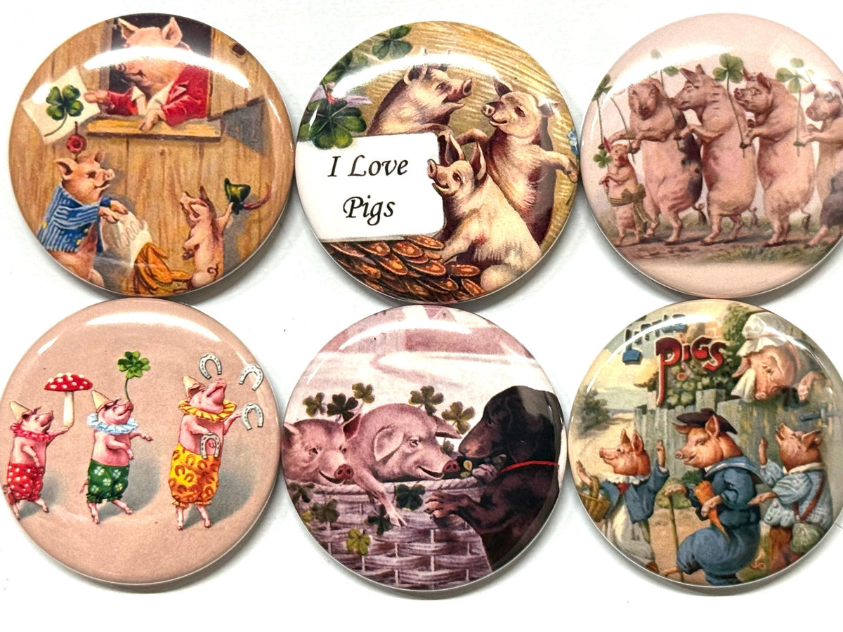 Pig Magnets or Pinbacks - Set of 6 - Choose Size & Style