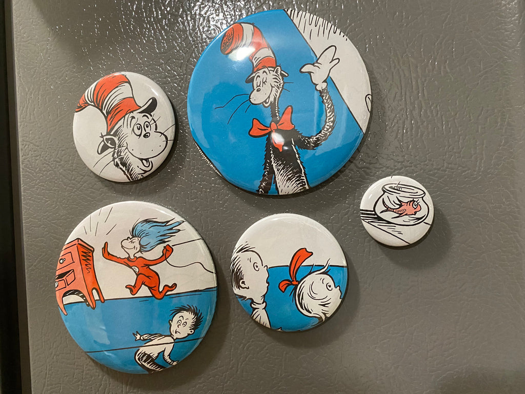 5 The Cat in the Hat magnet buttons, party favors from repurposed book Set 2