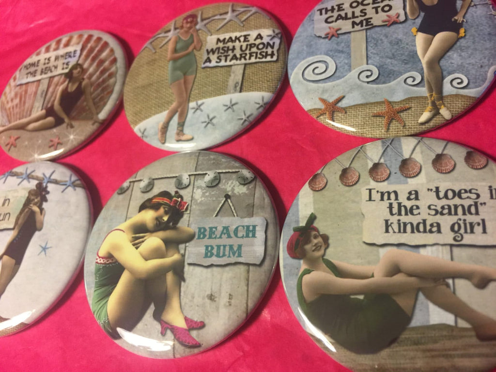 6 Beach Ladies Pinbacks or Magnet Buttons. Set 2.  Several sizes/styles available