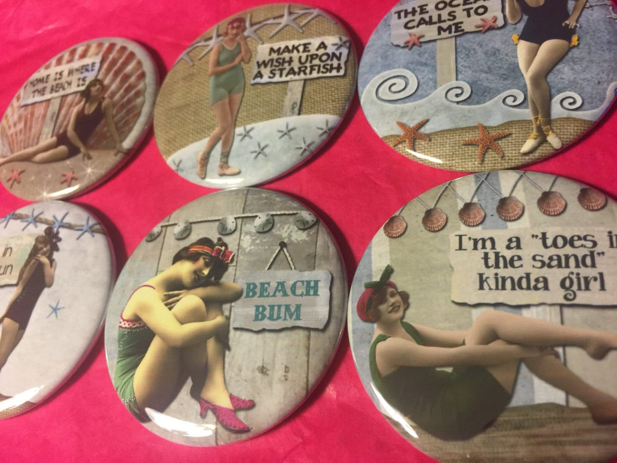 6 Beach Ladies Pinbacks or Magnet Buttons. Set 2.  Several sizes/styles available