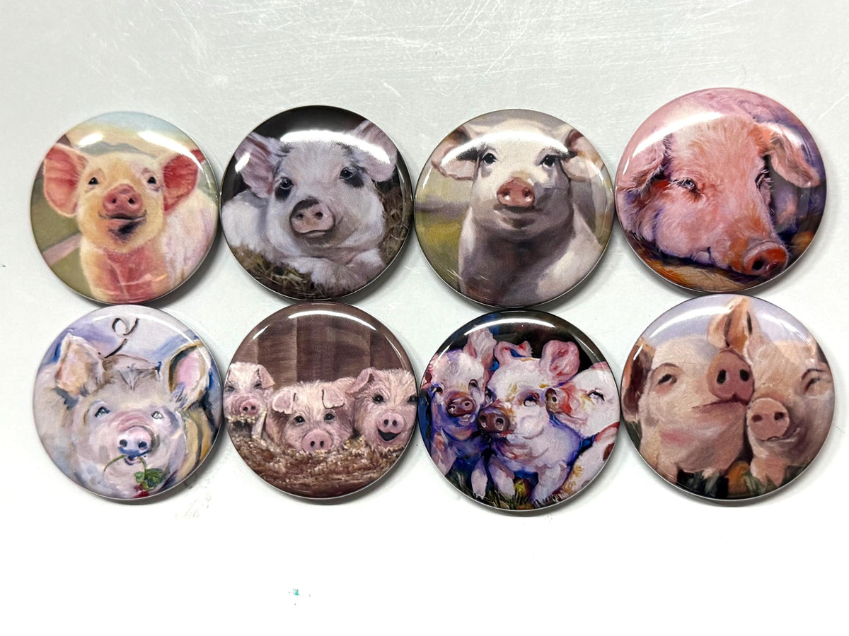 8 Cute Pig buttons, available as pinback, flatbacks, magnets etc. Several button sizes to choose from.