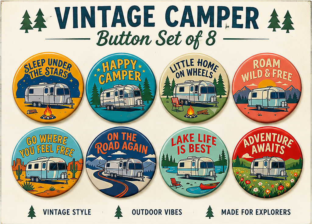 Vintage Camper Nostagia, pinback buttons, magnet buttons, you choose the style