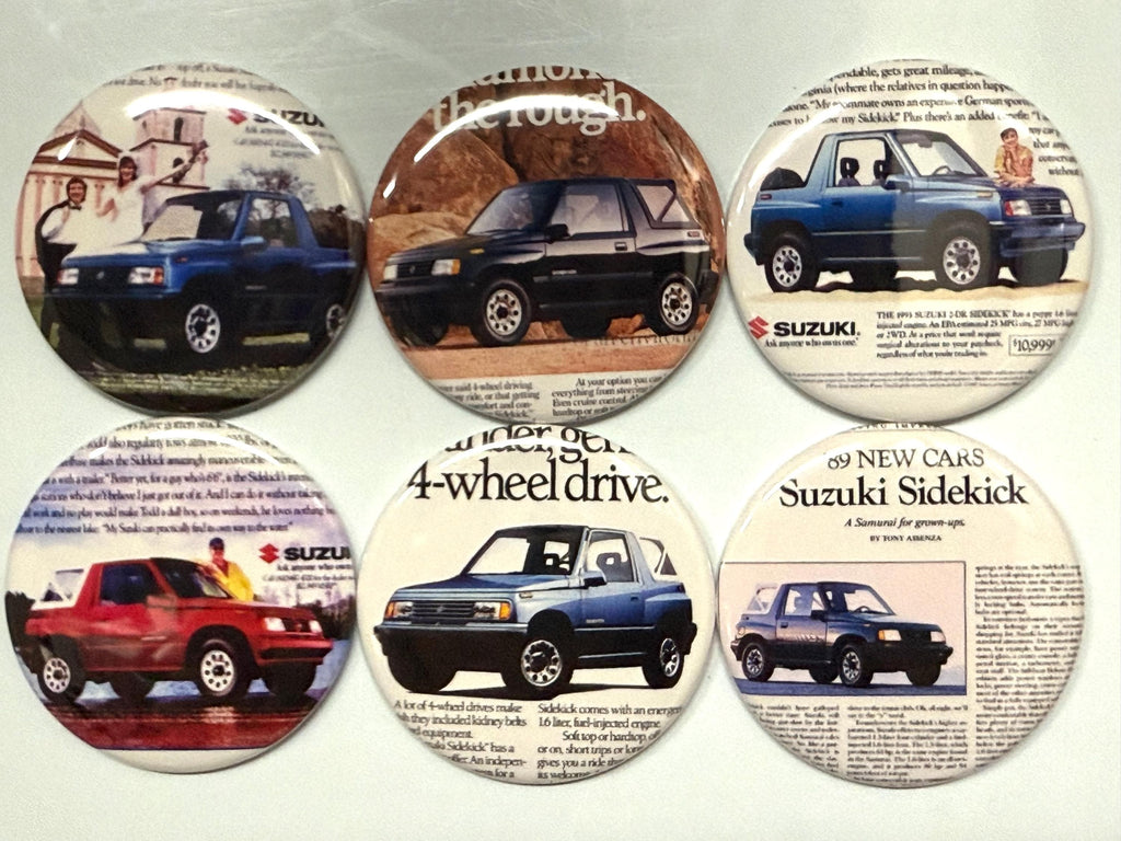 6 Suzuki Sidekick, Fridge magnets, pinbacks or flatbacks. Several sizes to choose from.