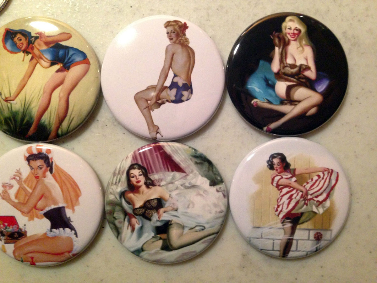 8 Pinup Girls Magnet Buttons or Pinbacks 1.5 inch buttons, Retro Vintage pin-up girls Set3