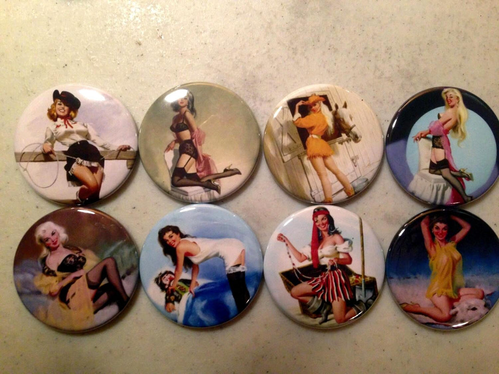 8 Pinup Girl Buttons Vintage Retro (Set 2) Several Button Sizes and Styles to choose from.